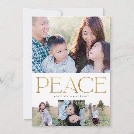 Chic Gold Peace on Earth Holiday Multi-Photo Card Feestdagenkaart (Voorkant)