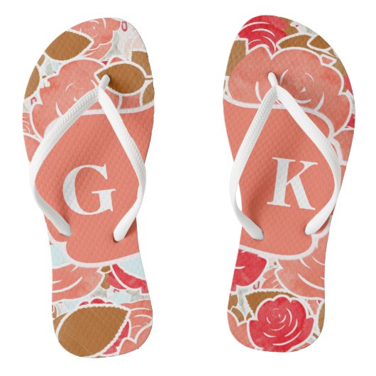 Chic Gold & Perzik Waterverf Roos Bloemenmonogram Teenslippers (Voetbed)