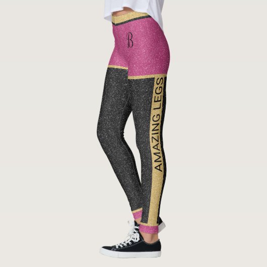 Chic Gold Pink Black Glitter Monogram Leggings (Links)