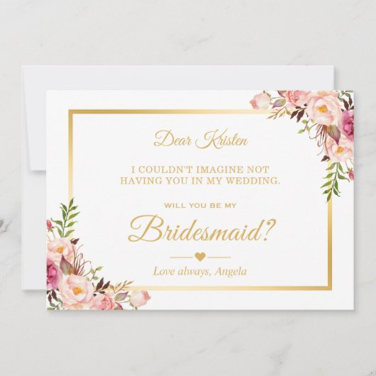 Chic Gold Pink Floral zal je mijn Bridesmaid zijn Kaart (Voorkant)