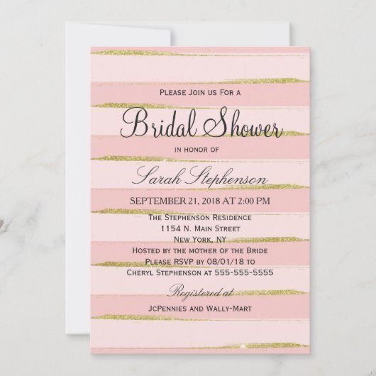 Chic Gold Pink Stripes Bridal Shower Invitations Kaart (Voorkant)