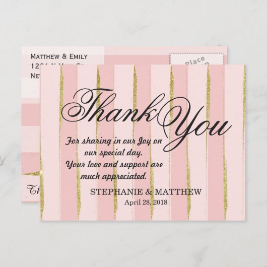Chic Gold Pink Stripes Dank u Briefkaarten (Voorkant / Achterkant)