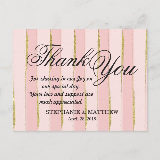 Chic Gold Pink Stripes Dank u Briefkaarten (Voorkant)