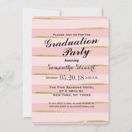 Chic Gold Pink Stripes Graduation Party Uitnodigin Kaart (Voorkant)