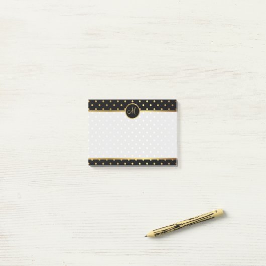 Chic Gold Polka Dots on Black met jouw monogram Post-it® Notes (Op bureau)