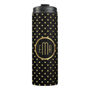 Chic Gold Polka Dots on Black met jouw monogram Thermosbeker