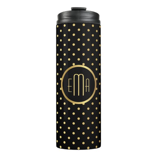 Chic Gold Polka Dots on Black met jouw monogram Thermosbeker (Voorkant)