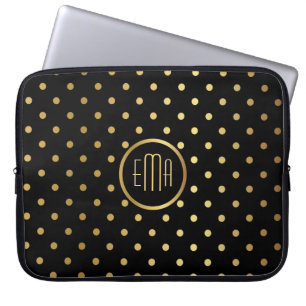 Chic Gold Polka Dots op zwart met monogram Laptop Sleeve