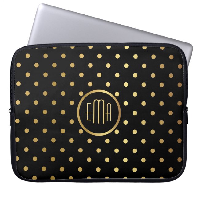 Chic Gold Polka Dots op zwart met monogram Laptop Sleeve (Voorkant)