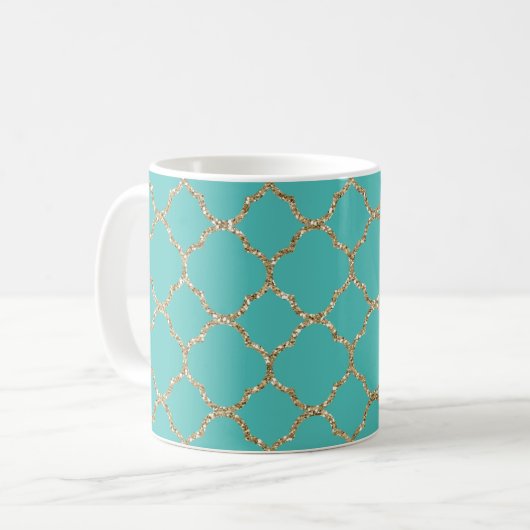 Chic Gold Quatrefoil Blauwgroen witte koffie Mok (Voorkant links)
