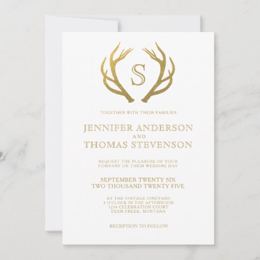 CHIC GOLD | RUSTIC DEER WEDDING MONOGRAM KAART (Voorkant)