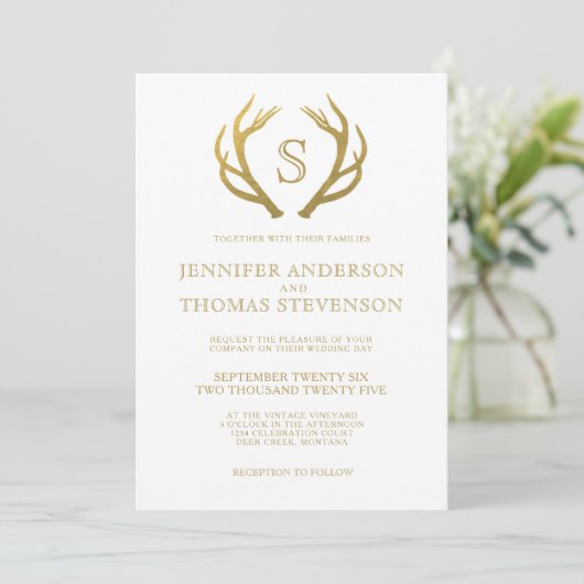 CHIC GOLD | RUSTIC DEER WEDDING MONOGRAM KAART (Staand voorkant)