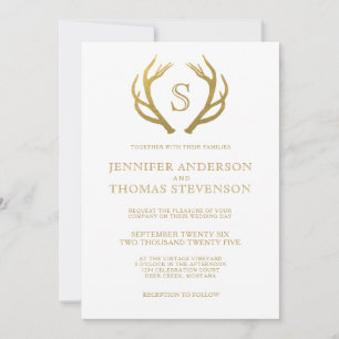 CHIC GOLD   RUSTIC DEER WEDDING MONOGRAM KAART