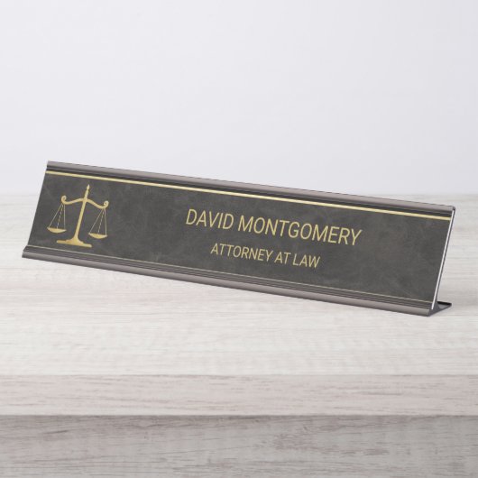 Chic Gold Scales of Justice Black Leather Lawyer Bureau Naambordje (Voorkant)