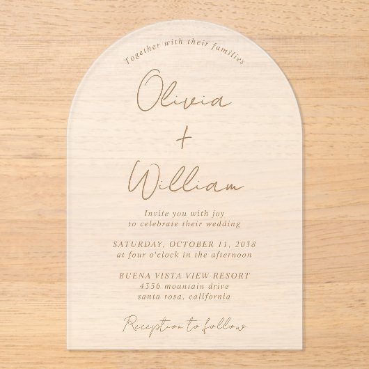 Chic Gold Script Arch Wedding Frosted Acryl Uitnodigingen (Voorkant)