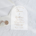 Chic Gold Script Arch Wedding Frosted Acryl Uitnodigingen<br><div class="desc">Chique boogvormige matte acryl bruiloft uitnodiging met de namen van de bruid en bruidegom in een gouden kalligrafie script en uw bruiloft details in moderne gouden letters. Pas indien gewenst de grootte van het scriptlettertype in het ontwerpgereedschap aan voor langere of kortere namen.</div>
