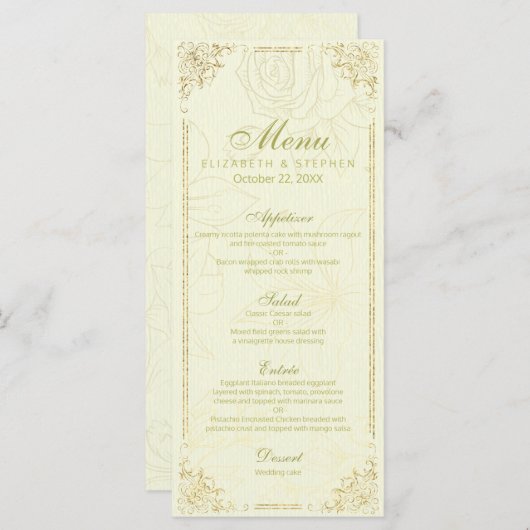 Chic Gold Script Elegant Floral Lijst Wedding Menu (Voorkant / Achterkant)