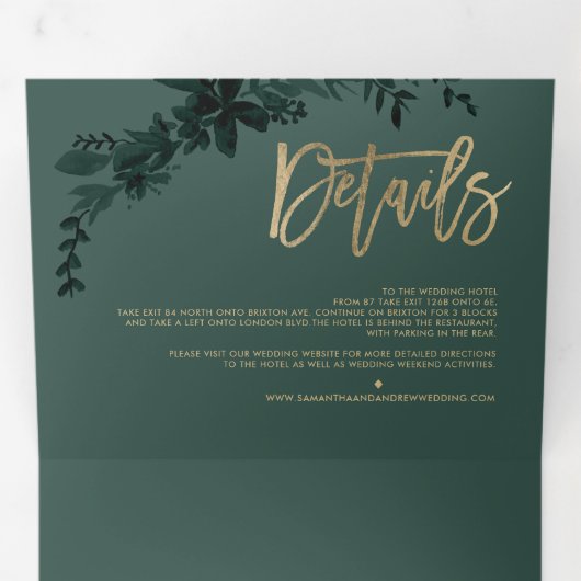Chic Gold script Floral green elegant bruiloft Drieluik Uitnodiging (Binnenzijde eerst)