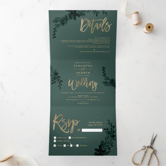 Chic Gold script Floral green elegant bruiloft Drieluik Uitnodiging (Binnen)