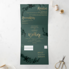 Chic Gold script Floral green elegant bruiloft Drieluik Uitnodiging