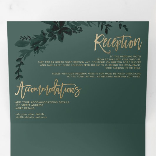 Chic Gold script Floral green elegant bruiloft Drieluik Uitnodiging (Binnenzijde eerst)