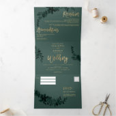 Chic Gold script Floral green elegant bruiloft Drieluik Uitnodiging (Binnen)