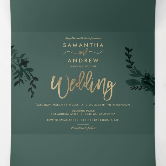 Chic Gold script Floral green elegant bruiloft Drieluik Uitnodiging (Binnenkant midden)