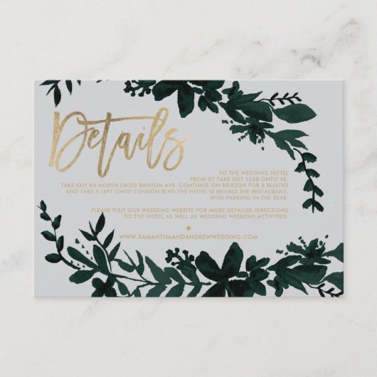 Chic Gold script Floral grijs bruiloft richting Informatiekaartje (Voorkant)