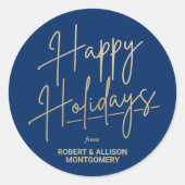 Chic Gold Script Happy Holidays Blue Ronde Sticker (Voorkant)
