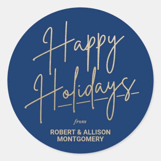 Chic Gold Script Happy Holidays Blue Ronde Sticker (Voorkant)