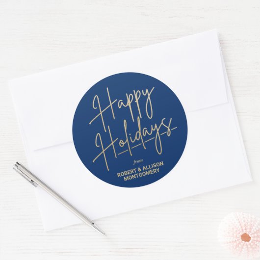 Chic Gold Script Happy Holidays Blue Ronde Sticker (Envelop)