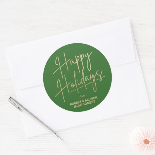 Chic Gold Script Happy Holidays Green Ronde Sticker (Envelop)