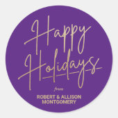 Chic Gold Script Happy Holidays Purple Ronde Sticker (Voorkant)