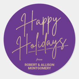 Chic Gold Script Happy Holidays Purple Ronde Sticker