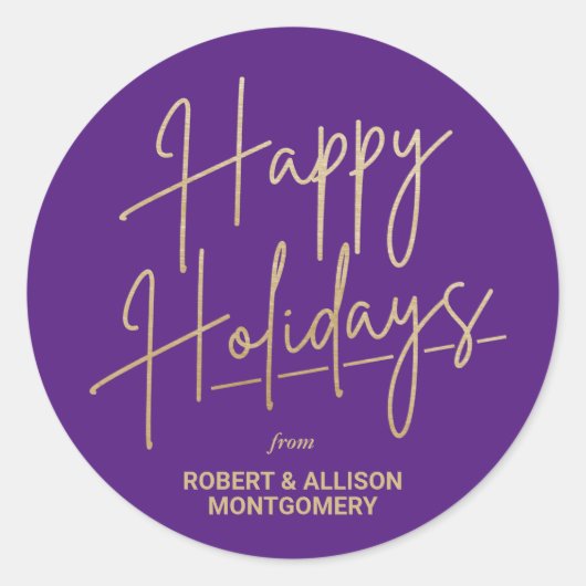 Chic Gold Script Happy Holidays Purple Ronde Sticker (Voorkant)
