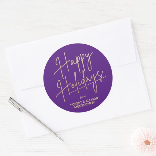 Chic Gold Script Happy Holidays Purple Ronde Sticker (Envelop)