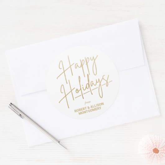Chic Gold Script Happy Holidays White Ronde Sticker (Envelop)
