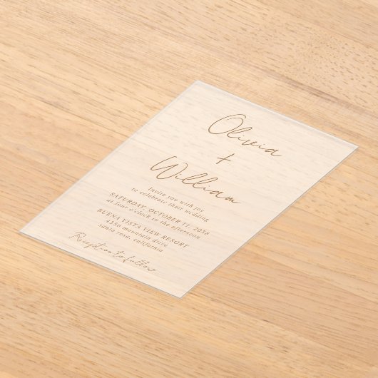 Chic Gold Script Minimalistische bruiloft Frosted Acryl Uitnodigingen (Laagn)