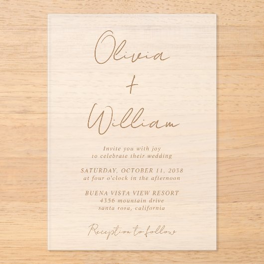 Chic Gold Script Minimalistische bruiloft Frosted Acryl Uitnodigingen (Voorkant)