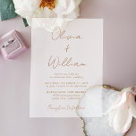 Chic Gold Script Minimalistische bruiloft Frosted Acryl Uitnodigingen<br><div class="desc">Eenvoudige en chique matte acryl bruiloft uitnodiging met een minimalistische vibe met de namen van de bruid en bruidegom in een gouden kalligrafie script en uw bruiloft details in moderne gouden letters. Pas indien gewenst de grootte van het scriptlettertype in het ontwerpgereedschap aan voor langere of kortere namen.</div>