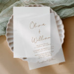 Chic Gold Script Minimalistische bruiloft Vellum Uitnodigingen<br><div class="desc">Chic vellum huwelijksuitnodiging met een minimalistische vibe met de namen van de bruid en bruidegom in een gouden kalligrafie script en uw bruiloft details in moderne gouden letters. Pas indien gewenst de grootte van het scriptlettertype in het ontwerpgereedschap aan voor langere of kortere namen. Combineer het met uw favoriete foto...</div>
