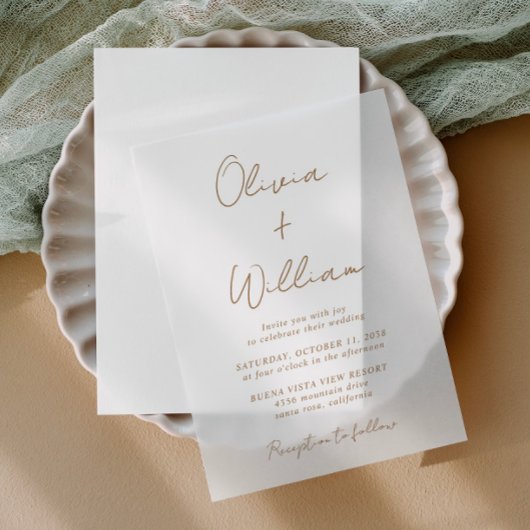 Chic Gold Script Minimalistische bruiloft Vellum Uitnodigingen