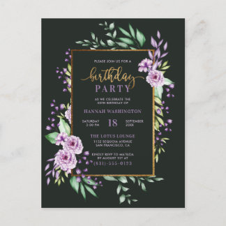 Chic Gold Script Paars Botanical Birthday Party Uitnodiging Briefkaart