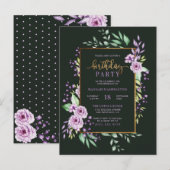 Chic Gold Script Paars Botanical Birthday Party Uitnodiging Briefkaart (Voorkant / Achterkant)