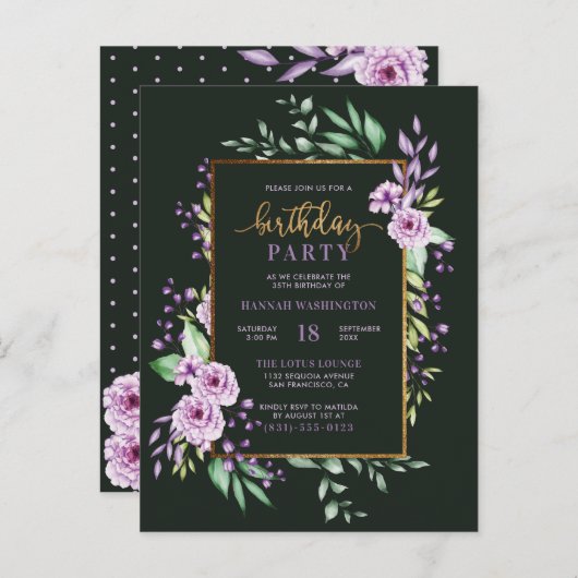 Chic Gold Script Paars Botanical Birthday Party Uitnodiging Briefkaart (Voorkant / Achterkant)