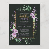 Chic Gold Script Paars Botanical Birthday Party Uitnodiging Briefkaart (Voorkant)