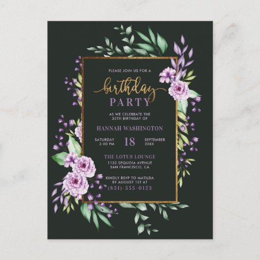 Chic Gold Script Paars Botanical Birthday Party Uitnodiging Briefkaart (Voorkant)