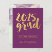 Chic Gold-script | Paarse Afstuderen Foto Briefkaa Uitnodiging Briefkaart (Voorkant / Achterkant)
