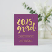Chic Gold-script | Paarse Afstuderen Foto Briefkaa Uitnodiging Briefkaart (Staand voorkant)