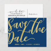 CHIC GOLD SCRIPT SAVE THE DATE AANKONDIGING BLAUW (Voorkant / Achterkant)
